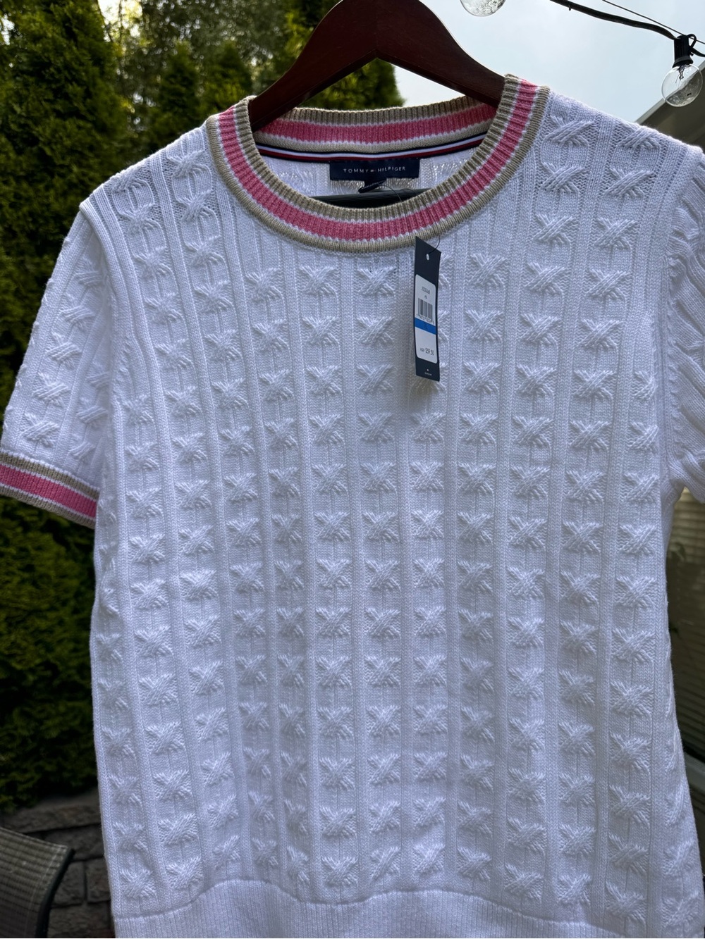 Tommy Hilfiger White Short-Sleeve Knit Sweater with Pink & Cream Trim